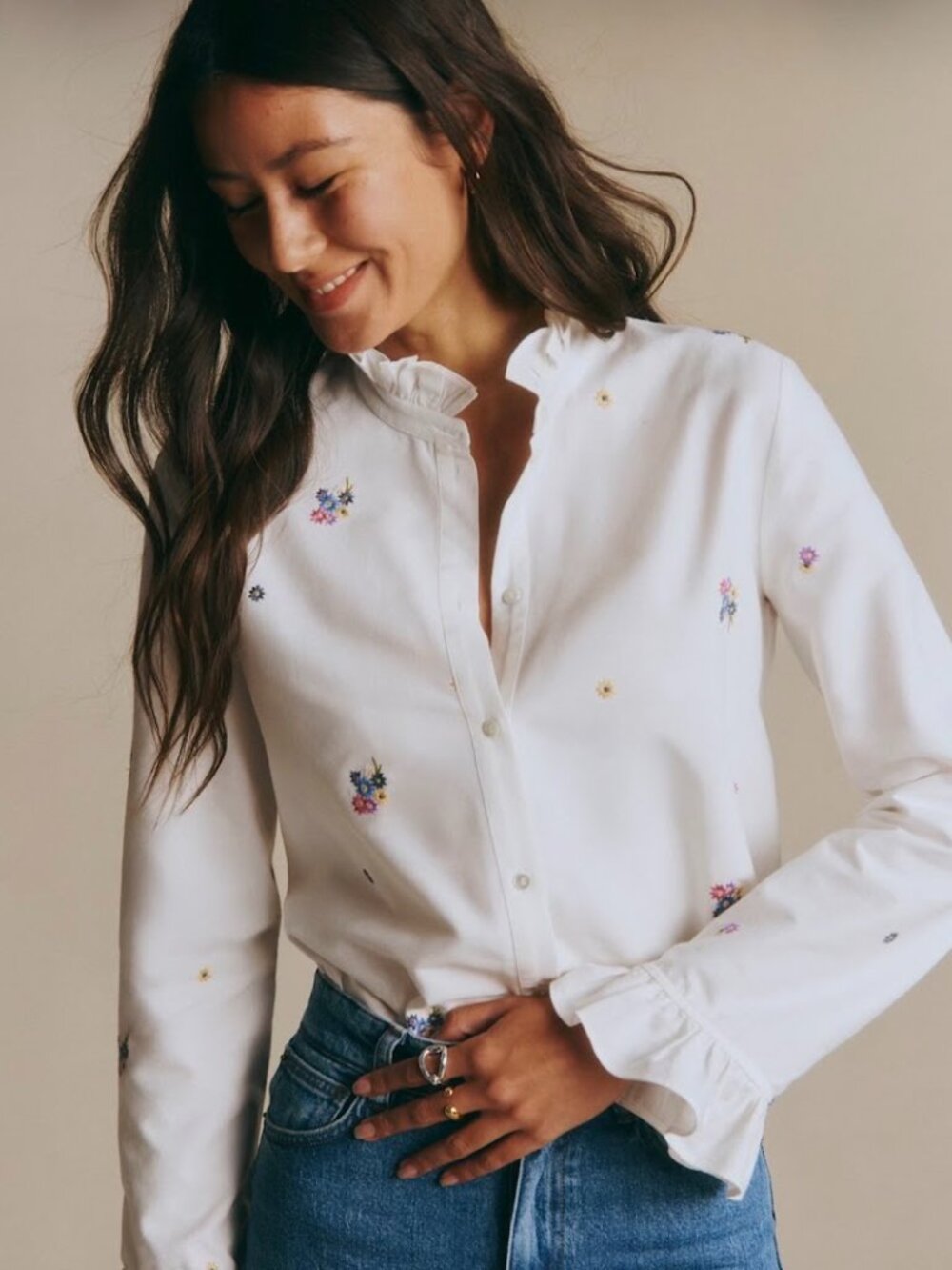 Sezane Erine Shirt Ecru Multicolored Embroidery - Size 8 (FR 4) New with Tags